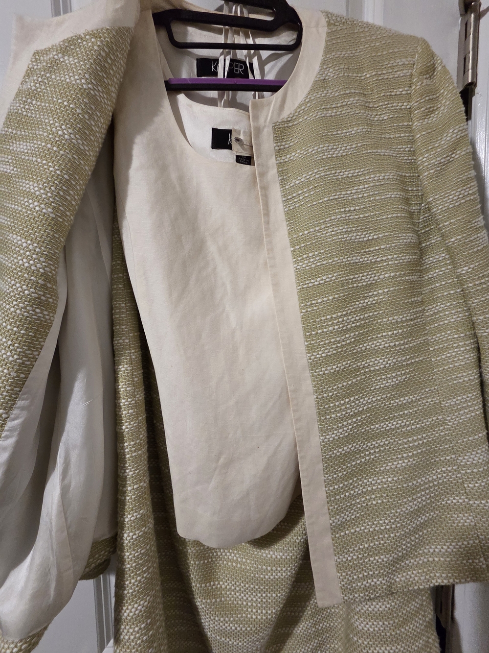 Kasper Tweed Jacket, Shell And Skirt Set in Light Olive and Cream